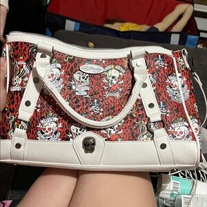 Ed Hardy Skull Print Tote in Red and White